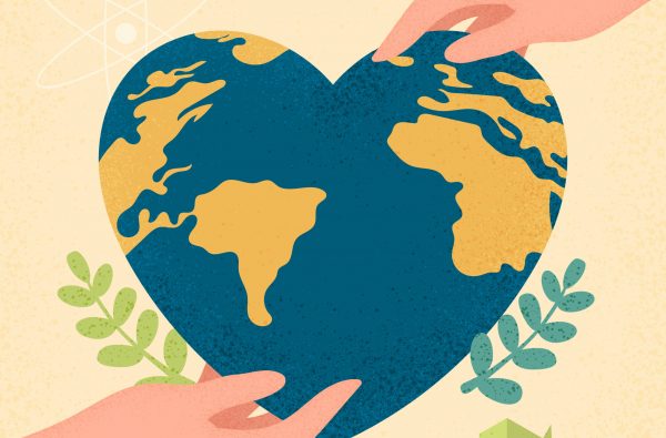 Hands human holding earth planet with heart shape.Earth day and World environment day concept of ecology sustainable.Vector illustration.