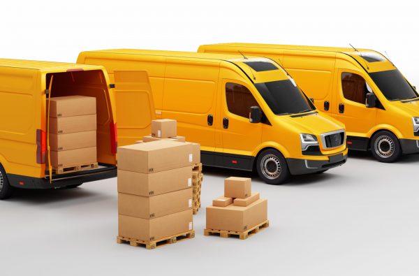 Parcel delivery in van transportation trucks on white. Transport, shipping industry. 3D illustration